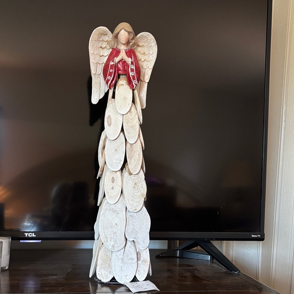 Beautiful hand made Wooden Angel Figurine with Red and White Accents!!